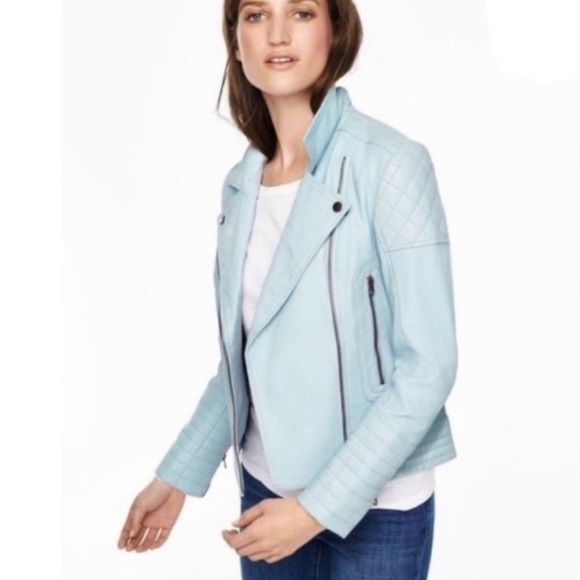 Boden sky light blue leather moto jacket coat US 2 - Picture 7 of 9
